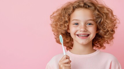 A cheerful young girl with curly hair, wearing braces, smiles brightly while holding a toothbrush. The pastel pink background adds a soft and friendly tone, for dental and health