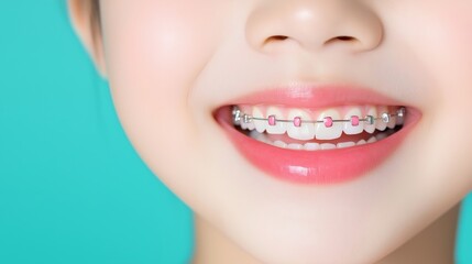 Fototapeta premium A close-up of a young girl’s bright smile showcasing her braces against a turquoise background. The image highlights dental care, orthodontic treatment, and personal hygiene
