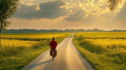 Fototapeta premium Cyclist on Country Road at Sunset