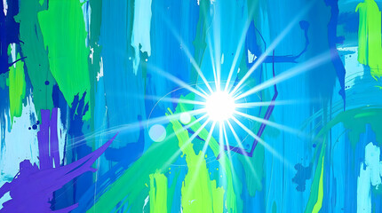 Vibrant Abstract Digital Artwork: Bold Brushstrokes, Radiant Starburst, and Dynamic Color Blend of Blues, Greens, and Purples