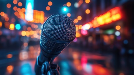 Close-up microphone on stage at night city street performance