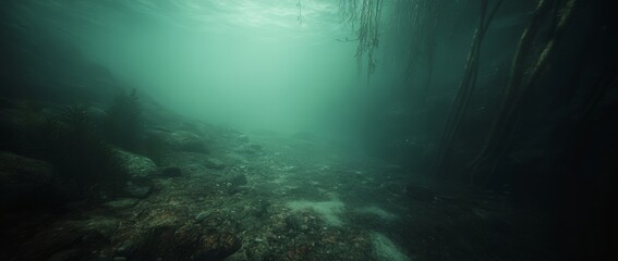 Rays of sunlight penetrate calm underwater depths illuminating rocks and sediment in a serene aquatic environment
