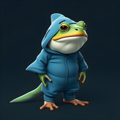 Obraz premium cartoonish frog character wearing a blue shark hooded jumpsuit, standing on a dark background, showcasing its unique design and playful expression