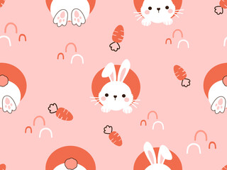 Seamless pattern of bunny rabbit in the hole and carrot on pink background vector.