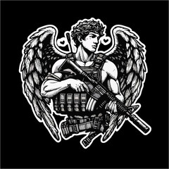 Cupid angel military with tactical vest drawn in black white detail line for sticker 