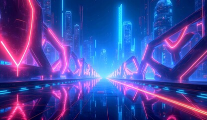 A futuristic cyberpunk cityscape with neon lights in blue and pink. A lone figure observes the glowing metropolis, surrounded by high-tech buildings and reflections on a sleek, digital street.