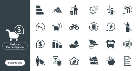 Vector icons representing reduced consumption, save money, protect the environment, and live green, designed as solid icons in a minimalist style.