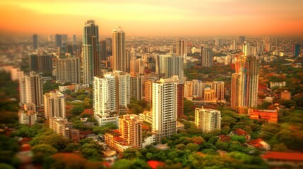 Fototapeta premium Colombo cityscape sunset aerial view; urban development, skyscrapers, green spaces