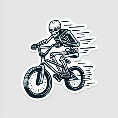 Skeleton Ridding Bike bmx with black white line drawing 