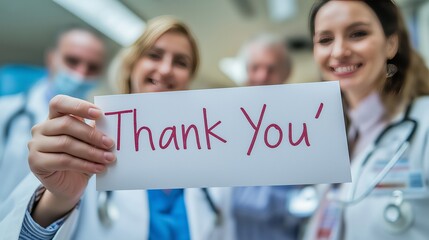 A group of smiling doctors in white lab coats holding a sign that says "Thank You," conveying gratitude, teamwork, and appreciation for medical professionals