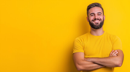 Fototapeta premium A cheerful bearded man stands confidently against a vibrant background, wearing a casual t-shirt with arms crossed. His joyful smile radiates positivity and self-confidence.