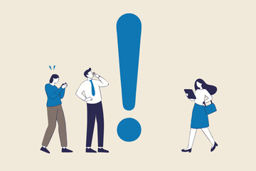 Big exclamation mark for important information, answer or resolve problem, solution or risk warning, attention or punctuation concept, business people thinking on big problem exclamation point.