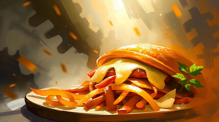 Stylized Gourmet Sandwich: Digital Illustration of Golden Bun, Melted Cheese, Bell Peppers, and Fresh Herbs Against Warm Tones