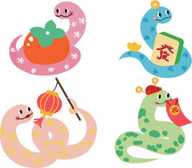Cute Cartoon Snake Doodle Sticker Festive Illustration Set