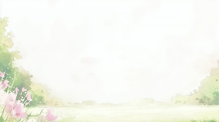 Pastel Landscape with Pink Flowers and Green Field
