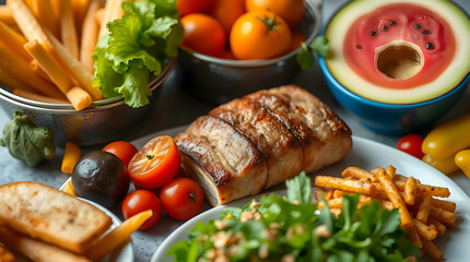 Vibrant Food Photograph: Roasted Meat, Fresh Vegetables, French Fries, Tomatoes, Lettuce, and Tropical Melon on a Colorful Table