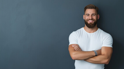 Fototapeta premium A lively bearded man with an infectious smile stands tall with arms crossed. His casual clothing and confident posture capture an uplifting, joyful energy.