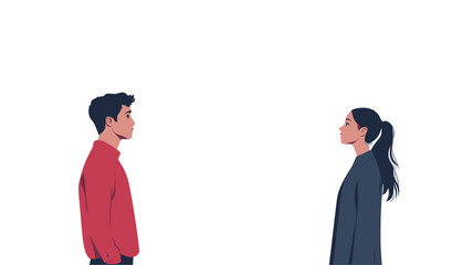 Fototapeta premium A digital illustration depicts a man and a woman standing in profile view, facing each other. The figures are simplified, using flat color blocks and minimal detail. The background is plain white.
