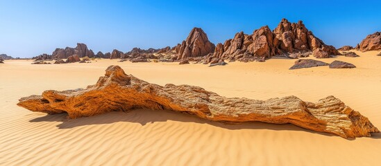 Desert landscape petrified wood in Sahara sand dunes, rock formations background. Travel poster