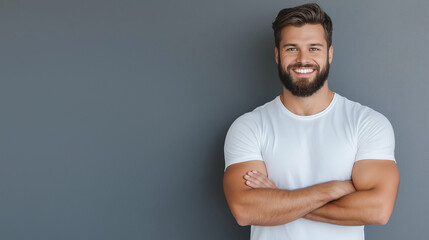 A bearded man with a joyful expression stands confidently in a casual t-shirt. His bright smile and relaxed arms-crossed pose reflect positivity and self-confidence.