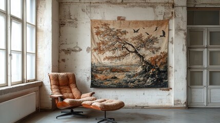 A beautiful, completed tapestry hung on the wall, showcasing intricate designs and vibrant colors. The tapestry depicts a nature scene, with birds trees. Work reflects skill of artisan who wove it.