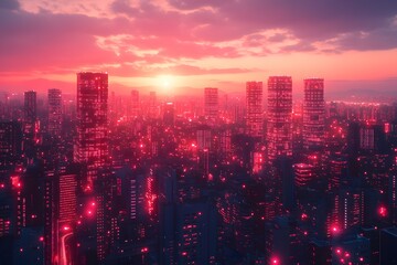 Obraz premium Futuristic Cyberpunk Cityscape at Sunset with Illuminated Skyscrapers