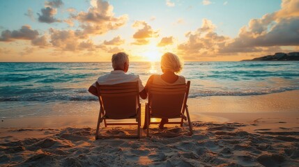 Senior couple enjoying a beach sunset, symbolizing early retirement planning, copy space on the right.