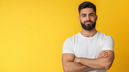 Obraz premium A confident bearded man in a casual t-shirt poses with arms crossed, his happy expression glowing against a warm background. The portrait embodies self-assurance and positivity.