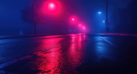 Obraz premium A foggy street illuminated by pink and blue lights, reflecting on a wet surface.