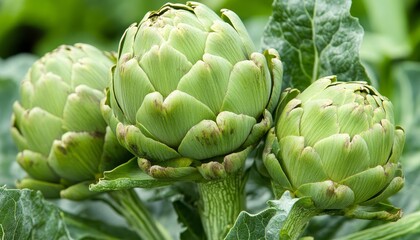 Obraz premium Close up of fresh, vibrant green artichoke buds thriving on the plant in a lush field.