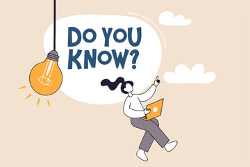 Did you know, fun fact, idea or advice message, useful knowledge or wisdom, expert information, explanation or solution, useful tips concept, woman talk on megaphone on did you know speech bubble.