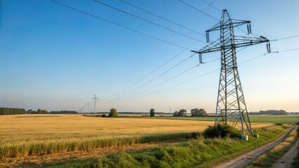 High-Voltage Power Line Support Structure in a Vast Field with Clear Blue Sky - Essential Infrastructure for Energy Transmission