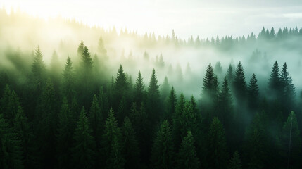 Fototapeta premium A vast evergreen forest blanketed in gentle mist, golden sunlight filtering through the fog. The vintage tones highlight the tranquility of the quiet, dreamlike landscape.