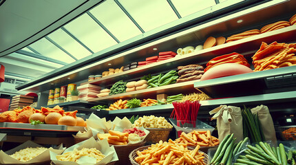 Vibrant Deli Counter: High-Resolution Photograph Showcasing Fresh Produce, Meats, Cheeses, and Assorted Food Items in an Organized Display