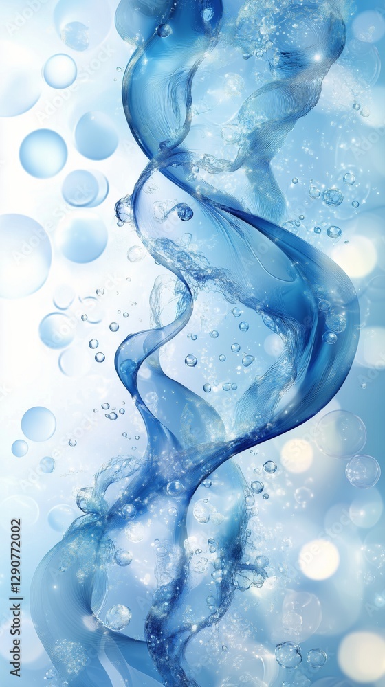 Poster vibrant blue liquid swirl with bubbles creating a dynamic flow in a serene environment