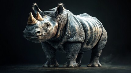 A rhino standing in front of a black background