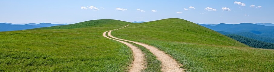 Obraz premium Picturesque Panoramic View of a Winding Dirt Road Ascending a Lush Green Hill Under a Bright Blue Sky