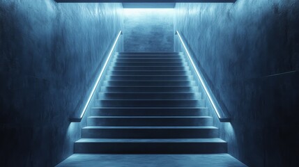 Fototapeta premium A staircase is lit up in blue
