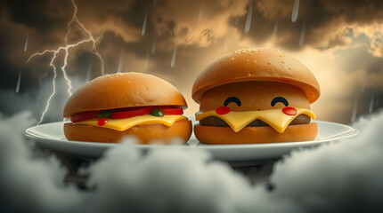 Whimsical Cheeseburgers: Surreal Digital Artwork of Playful Burgers on a Plate Amidst Dramatic Storm Clouds and Lightning