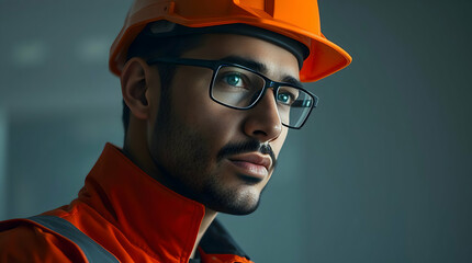 Focused Professional: High-Resolution Portrait of a Man in Safety Gear with a Well-Groomed Beard, in an Industrial Setting
