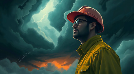 Resilient Worker: Digital Illustration of a Man in Profile Against a Dramatic Sky, Symbolizing Hope Amidst Stormy Chaos
