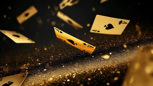 Golden ace playing cards floating in air with sparkling dust particles on black background. Luxury poker game concept with suspended cards for casino advertisement