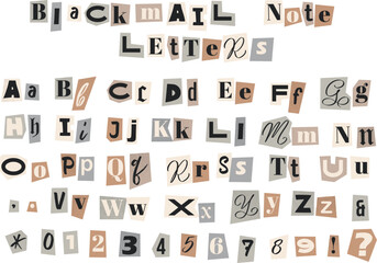 Blackmail note letters. Retro magazine collage vector alphabet. Letters and numbers cut from newspapers