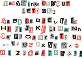 Magazine cutout letters. Criminal, blackmail, anonymous or detective font isolated on transparent background