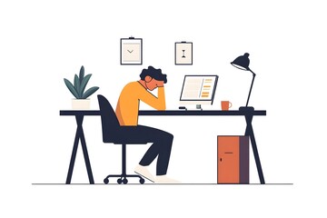 A man is sitting at a desk with a computer and a potted plant