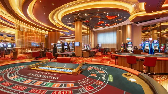 Luxury casino interior with red gaming tables and slot machines under golden curved ceiling design. Entertainment venue featuring roulette tables and modern gambling facilities.