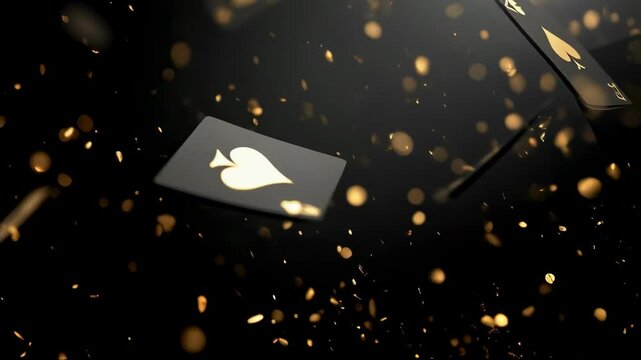 Luxury playing cards floating in dark space with gold glitter particles. Black and gold casino theme for poker game advertisement, gambling tournament or magic show backdrop.