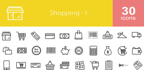 E-Commerce line icon set. Set of 30 outline icons related to e-commerce, mobile shop, digital marketing, business, sale, delivery and others. Editable stroke. Vector illustration.