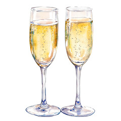 Watercolor illustration of a champagne glass with a festive drink on a white isolated background. Elegant and artistic, perfect for menus, wedding invitations, packaging.