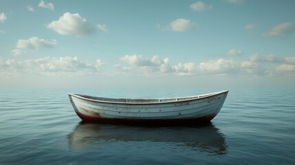 Naklejka premium A small boat is floating in the ocean with a cloudy sky in the background